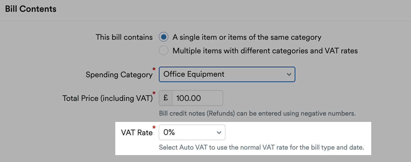 0% VAT selected as the VAT rate