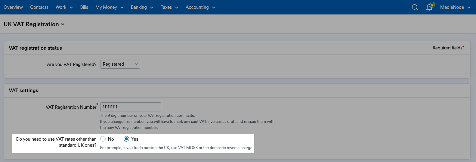‘Yes’ selected for ‘Do you need to see VAT rates other than standard UK ones?’