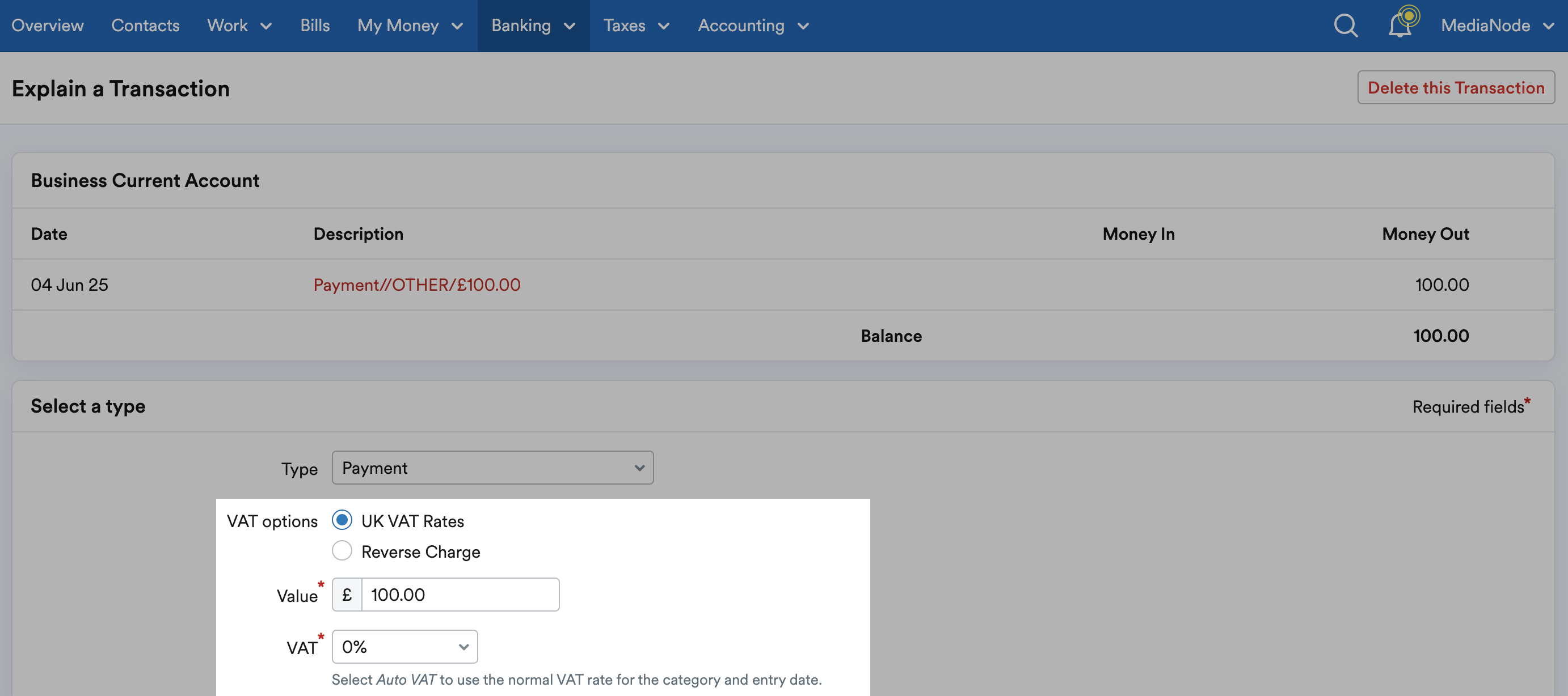 UK VAT Rates selected from the VAT options