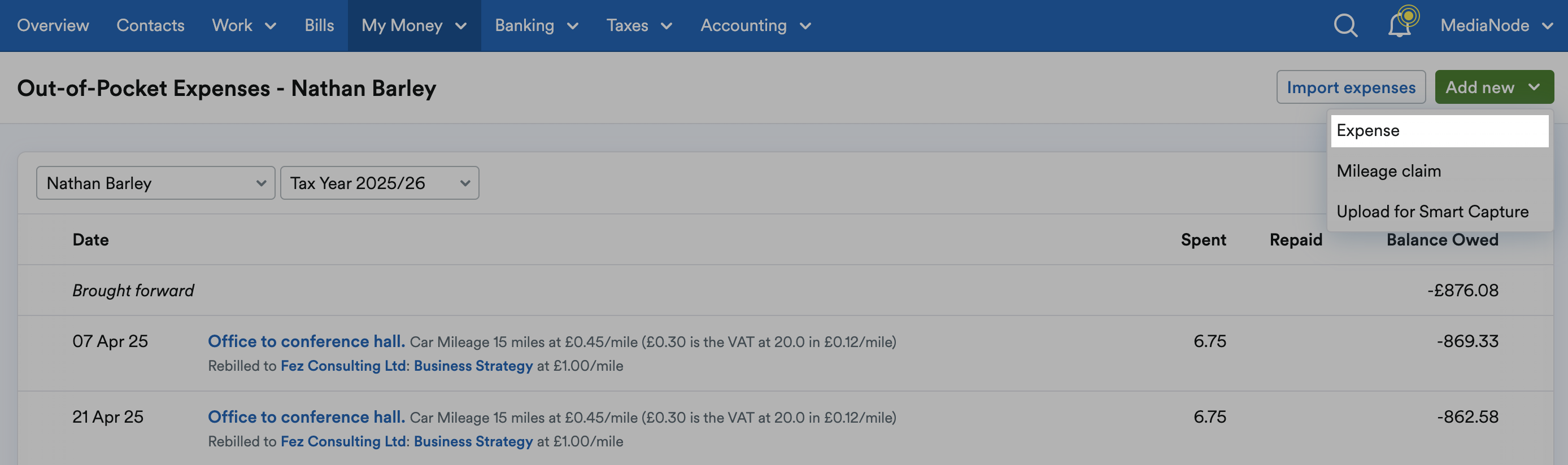 Expense highlighted from the Add new drop-down menu