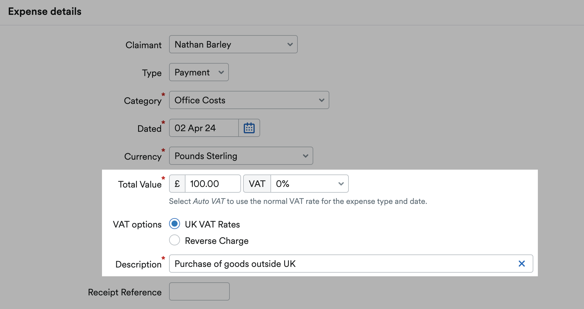 0% VAT and UK VAT Rates selected for the expense