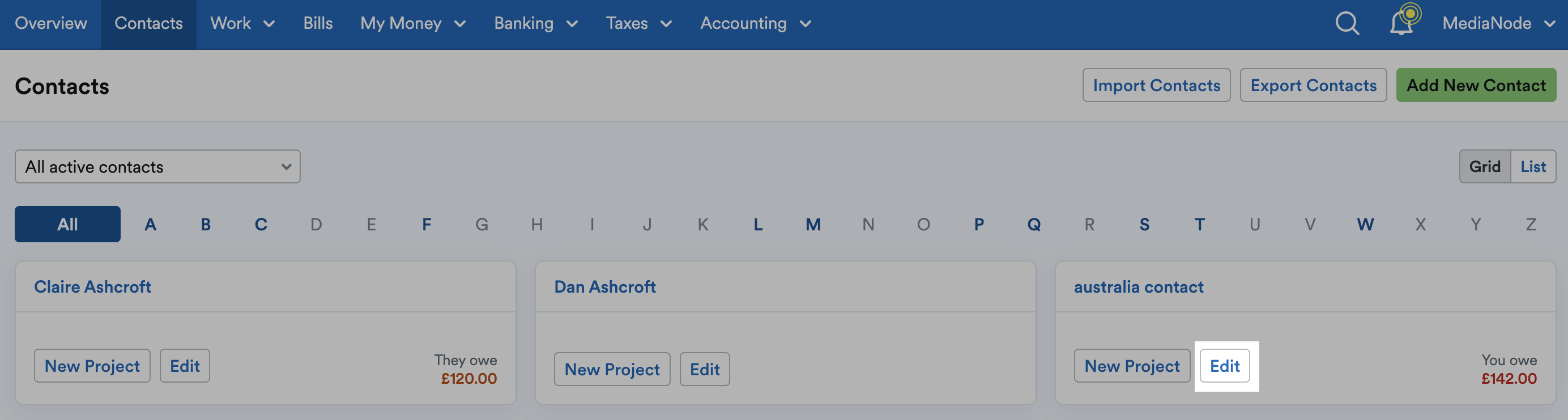 Edit button highlighted next to a contact