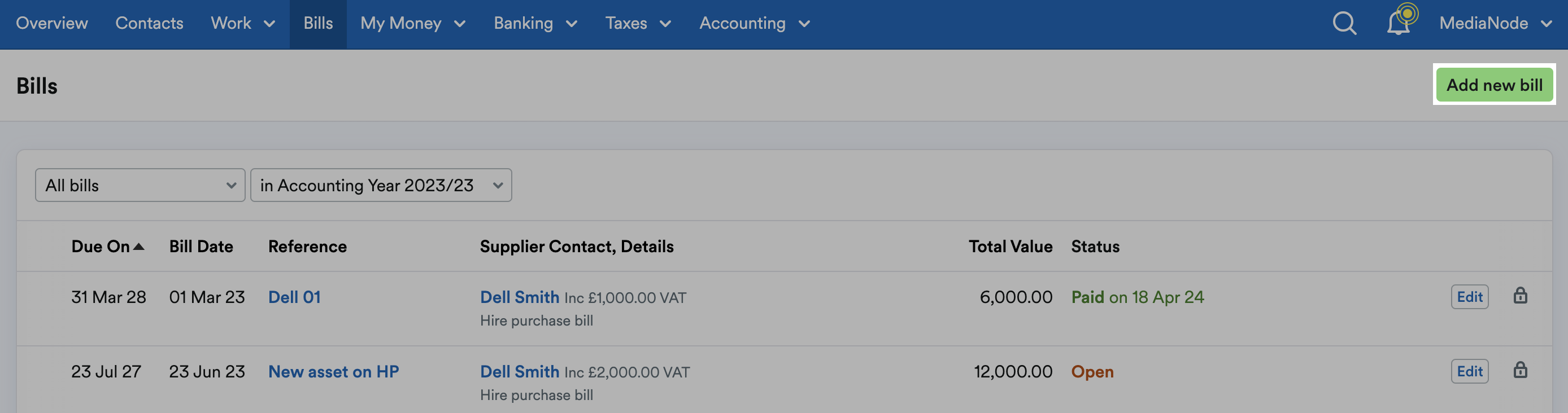 Add new bill button highlighted in top-right of Bills area
