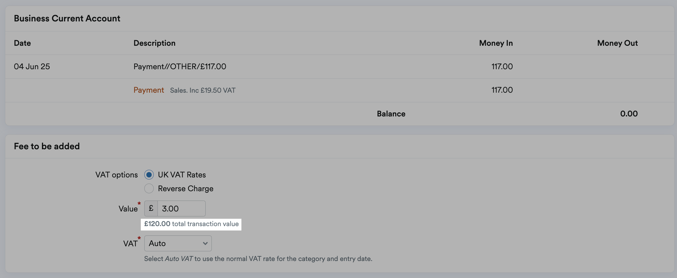 Total transaction value showing as £120.00.