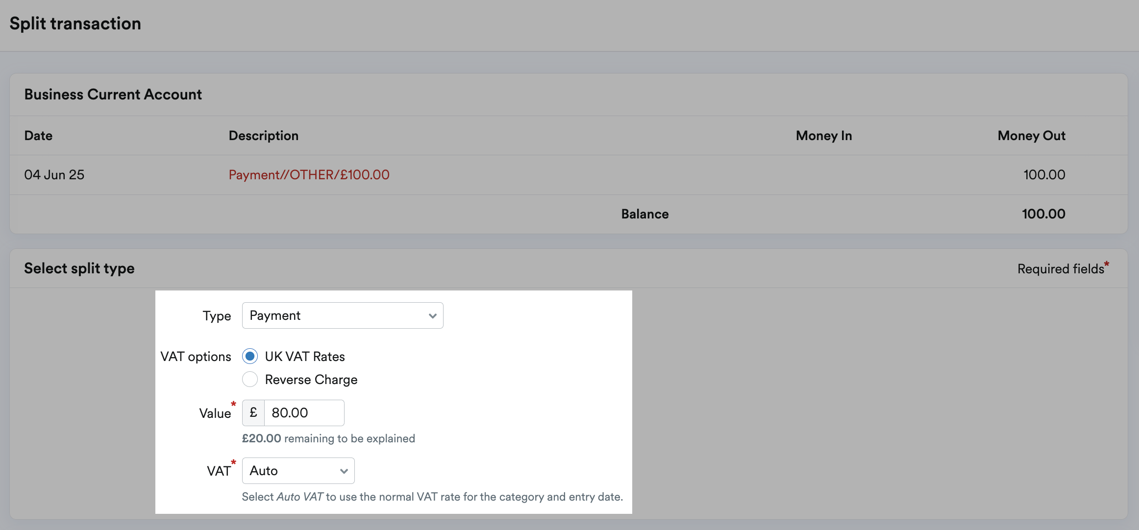 Type, VAT options, Value and VAT fields highlighted.