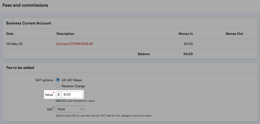Value of fees set to £6.00.
