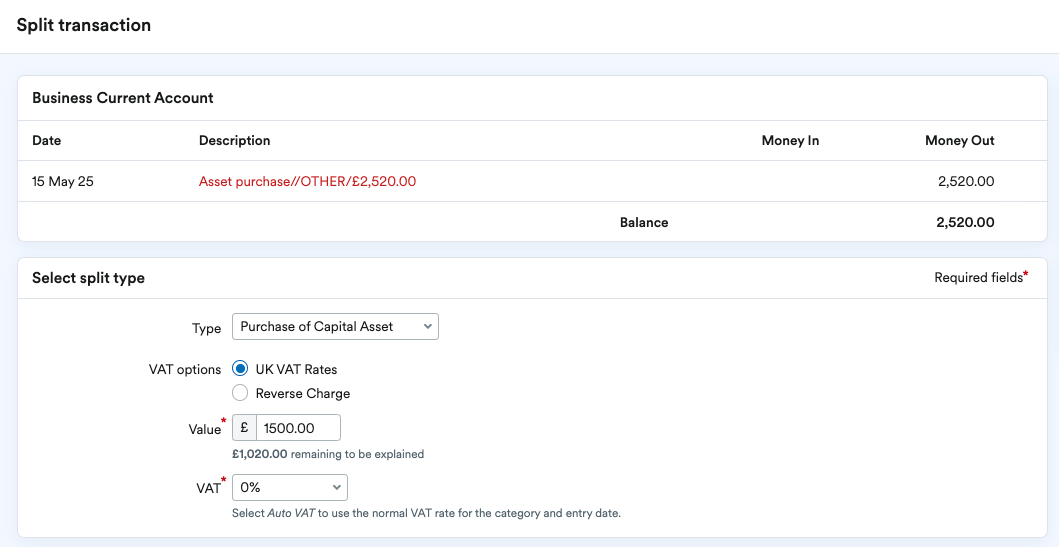 Type set to 'Purchase of Capital Asset' with first purchase amount input in Value field.