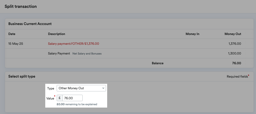 Type set to 'Other Money Out'.