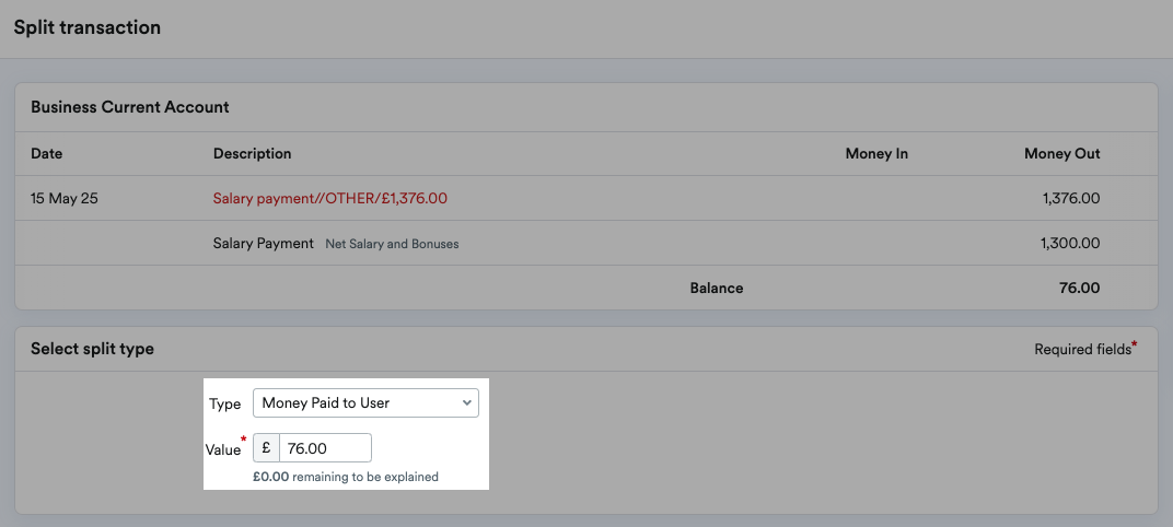Type set to 'Money Paid to User'.