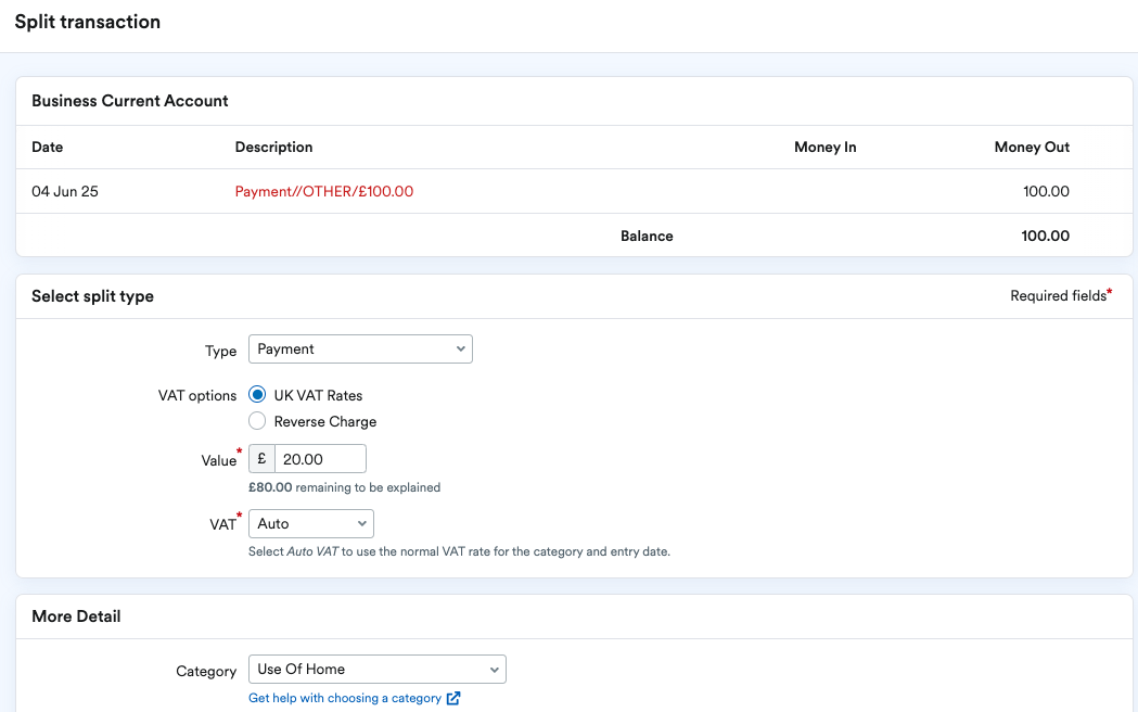 Type set to 'Payment' and Category set to 'Use Of Home'.