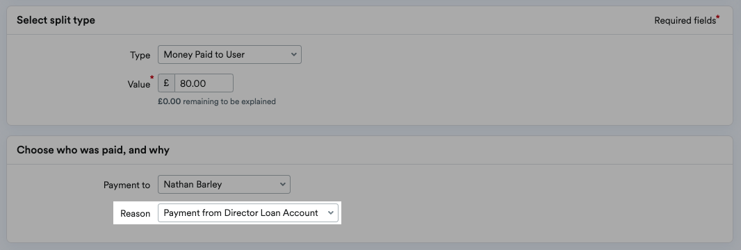 Reason set to 'Payment from Director Loan Account'.