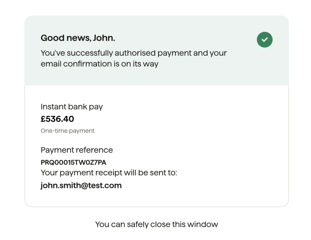 Confirmation message saying the payment has successfully been authorised.