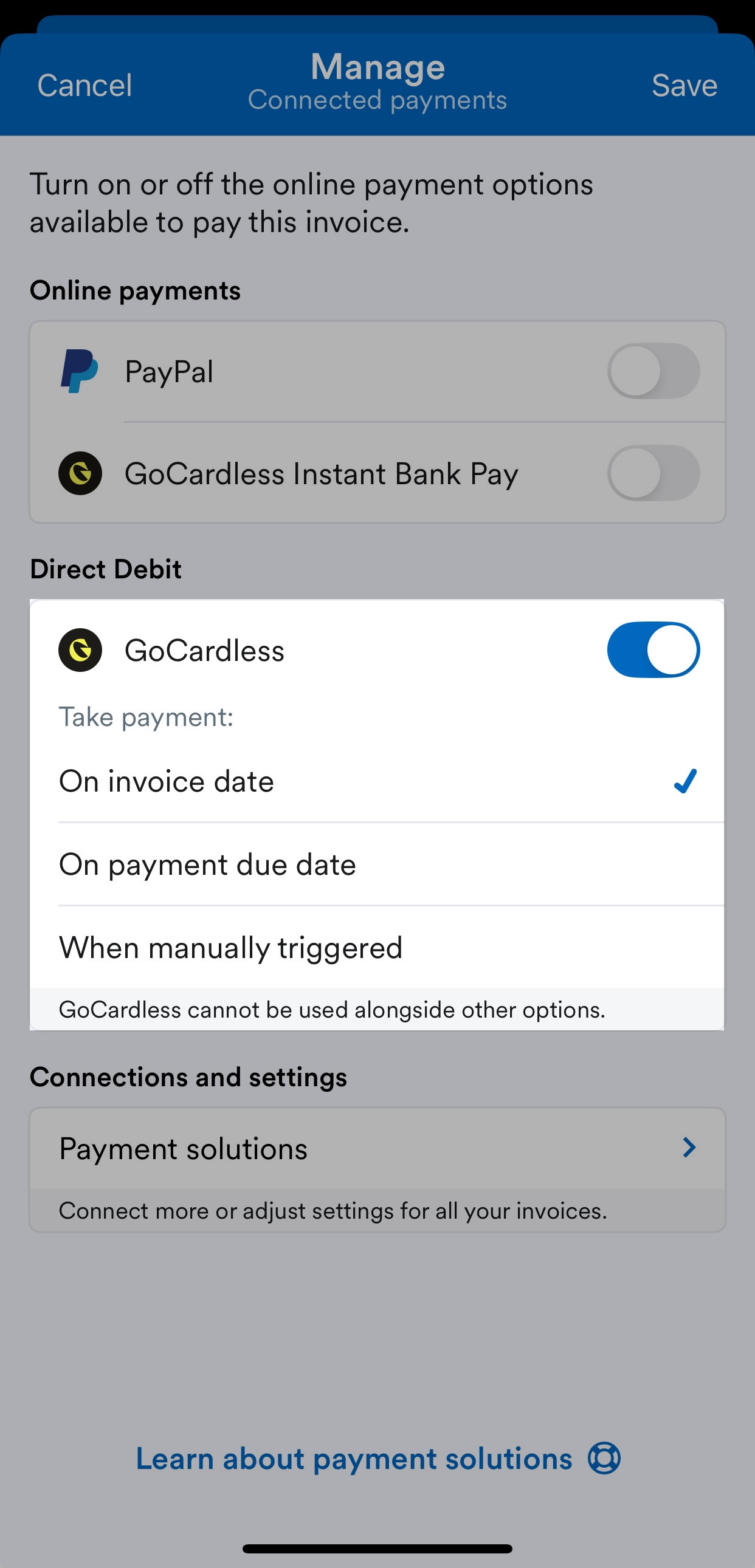 Options to select for when the payment happens.