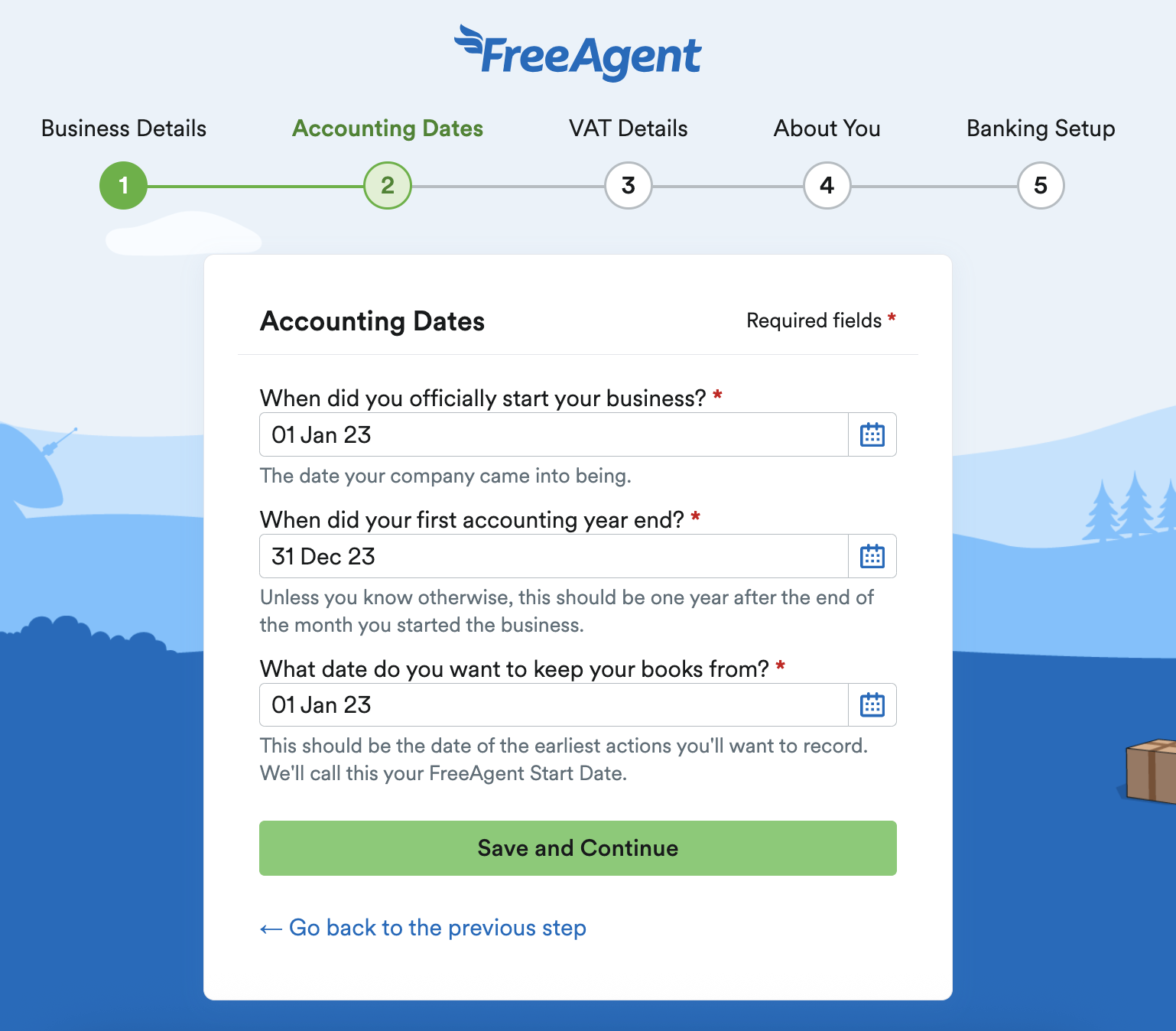 Accounting Dates stage of setup.