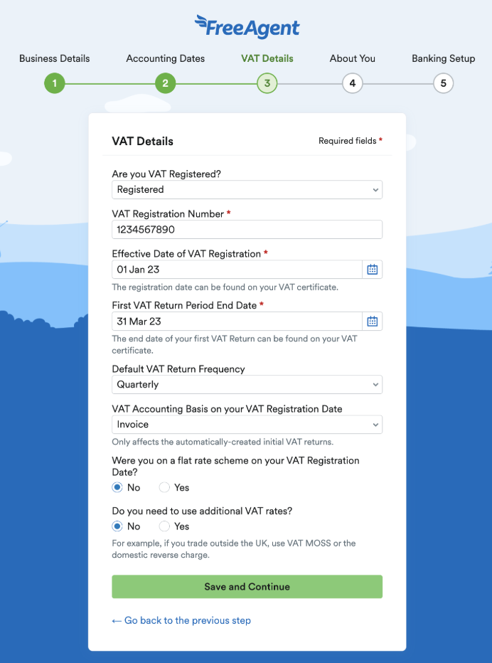 VAT Details stage of setup for business that is VAT registered.