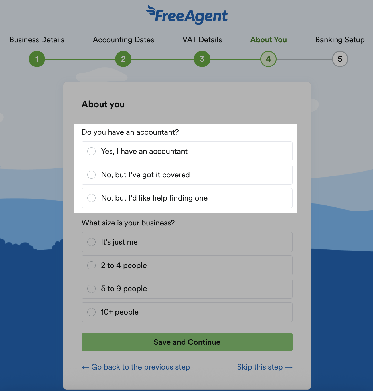 'Do you have an accountant?' question with options to select for your answer.
