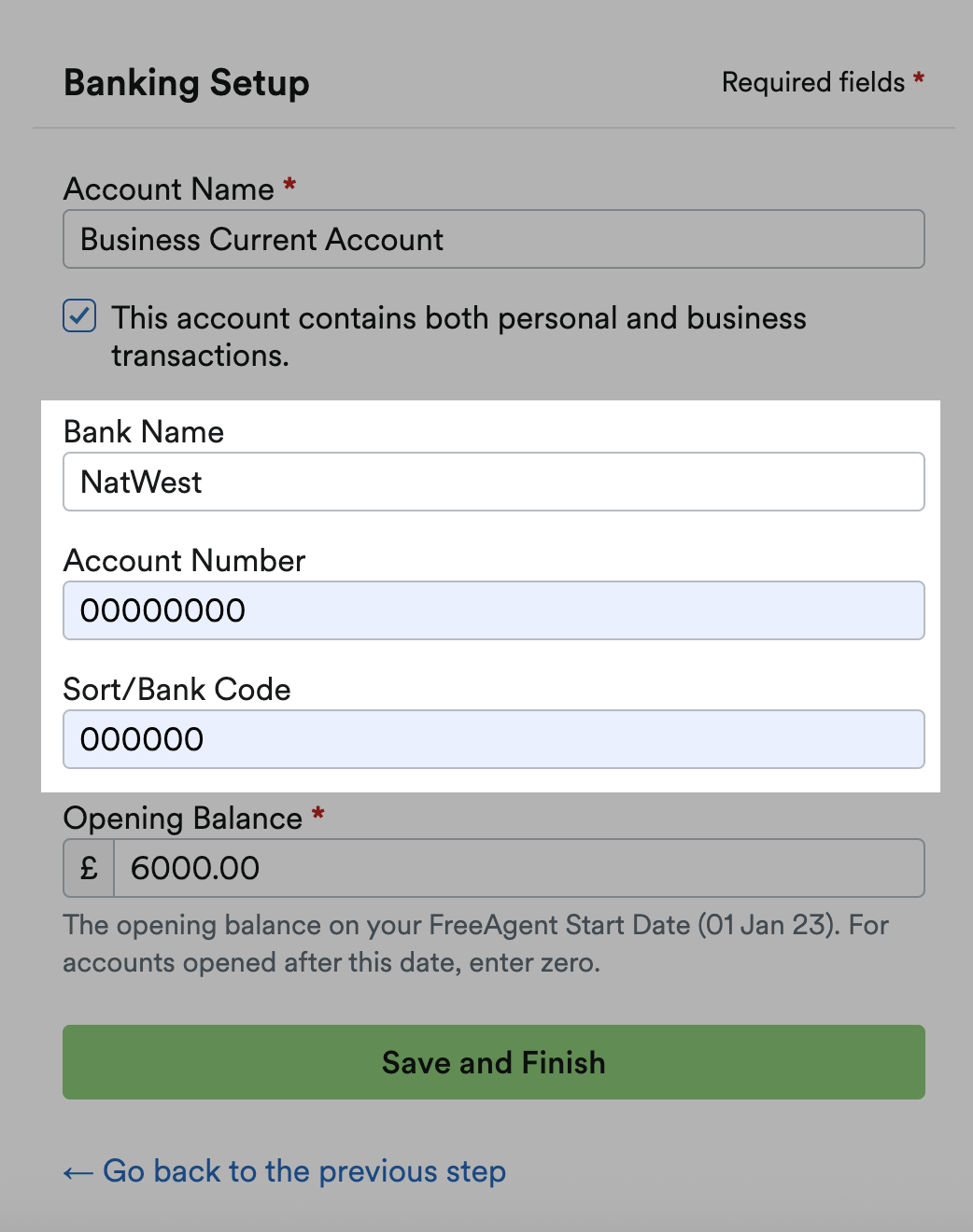 Fields highlighted for 'Bank Name', 'Account Number' and 'Sort/Bank Code'.