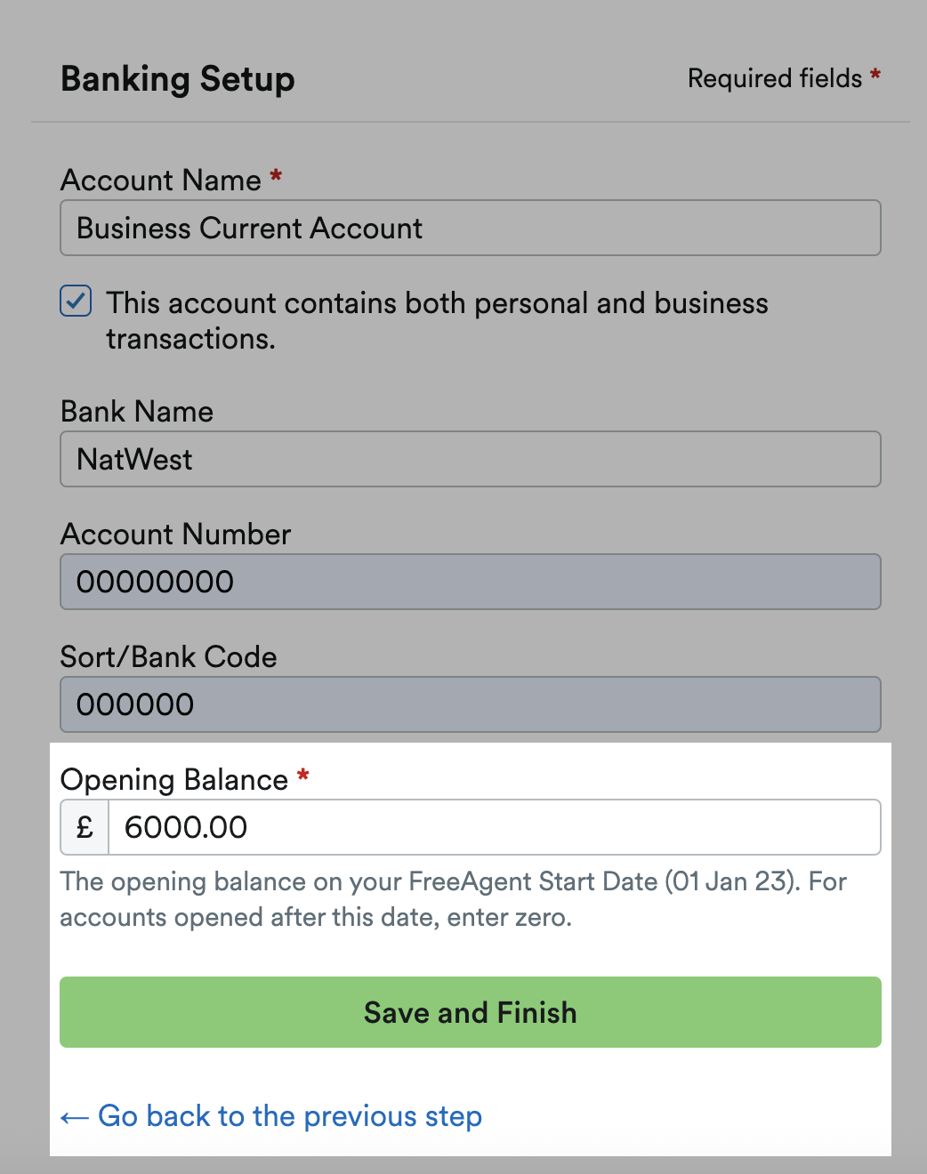 'Opening Balance' field filled in with 'Save and Finish' button beneath.