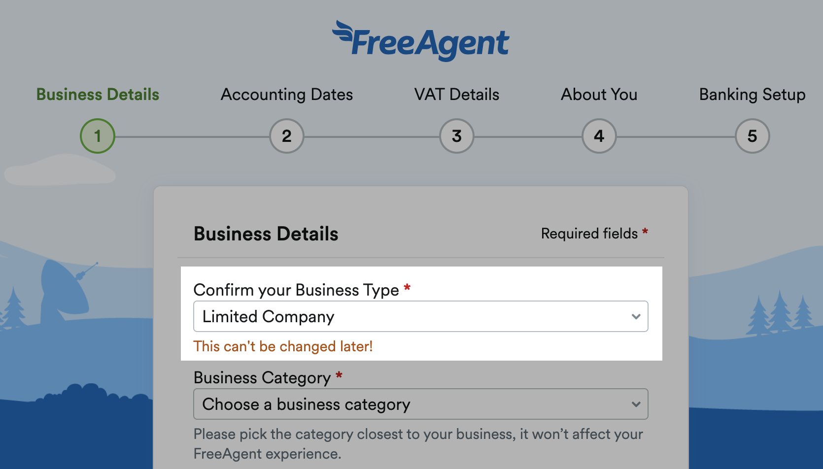 'Confirm your Business Type' field highlighted on Business Details setup stage.