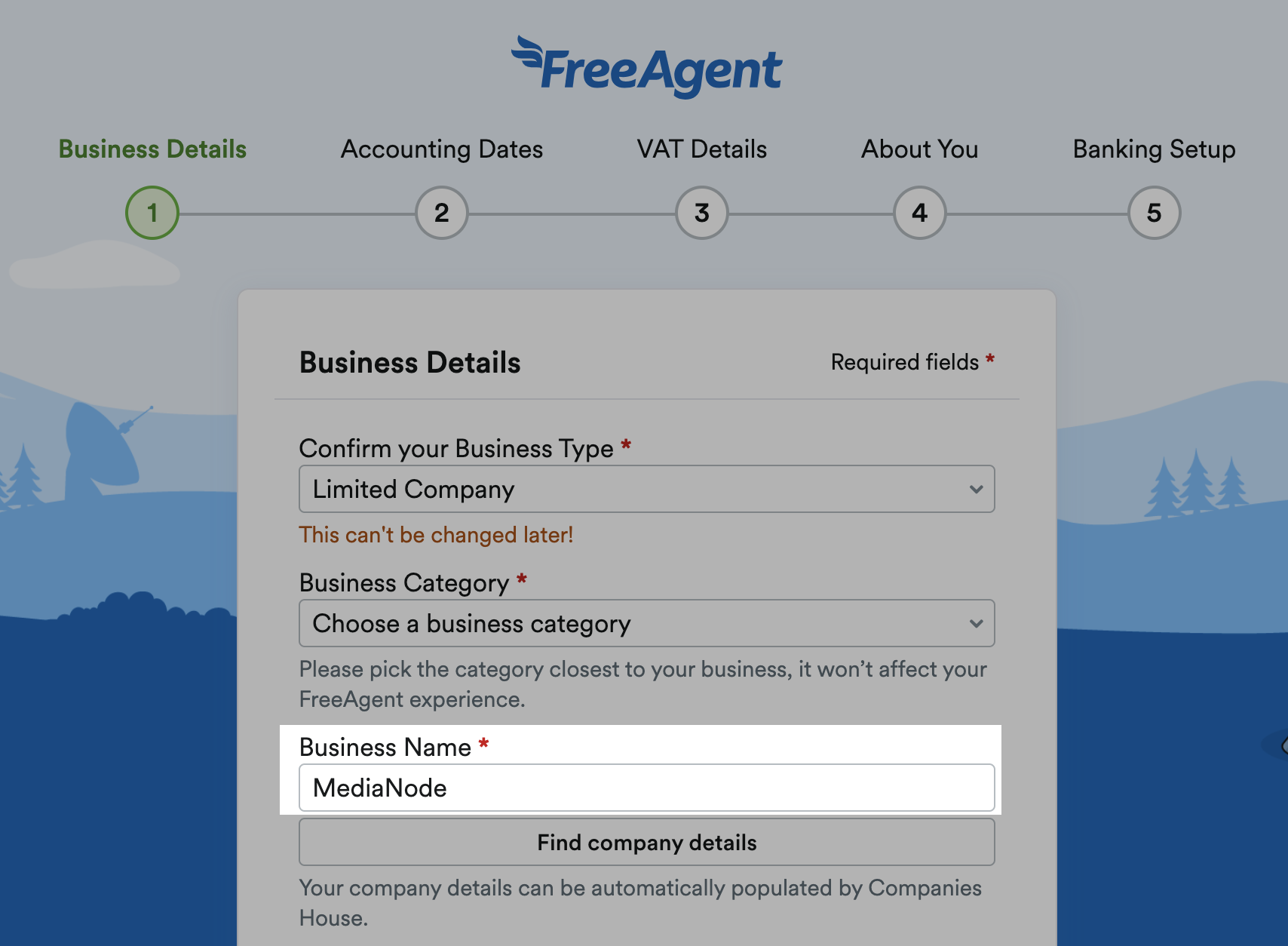 'Business Name' field highlighted on Business Details stage of setup.