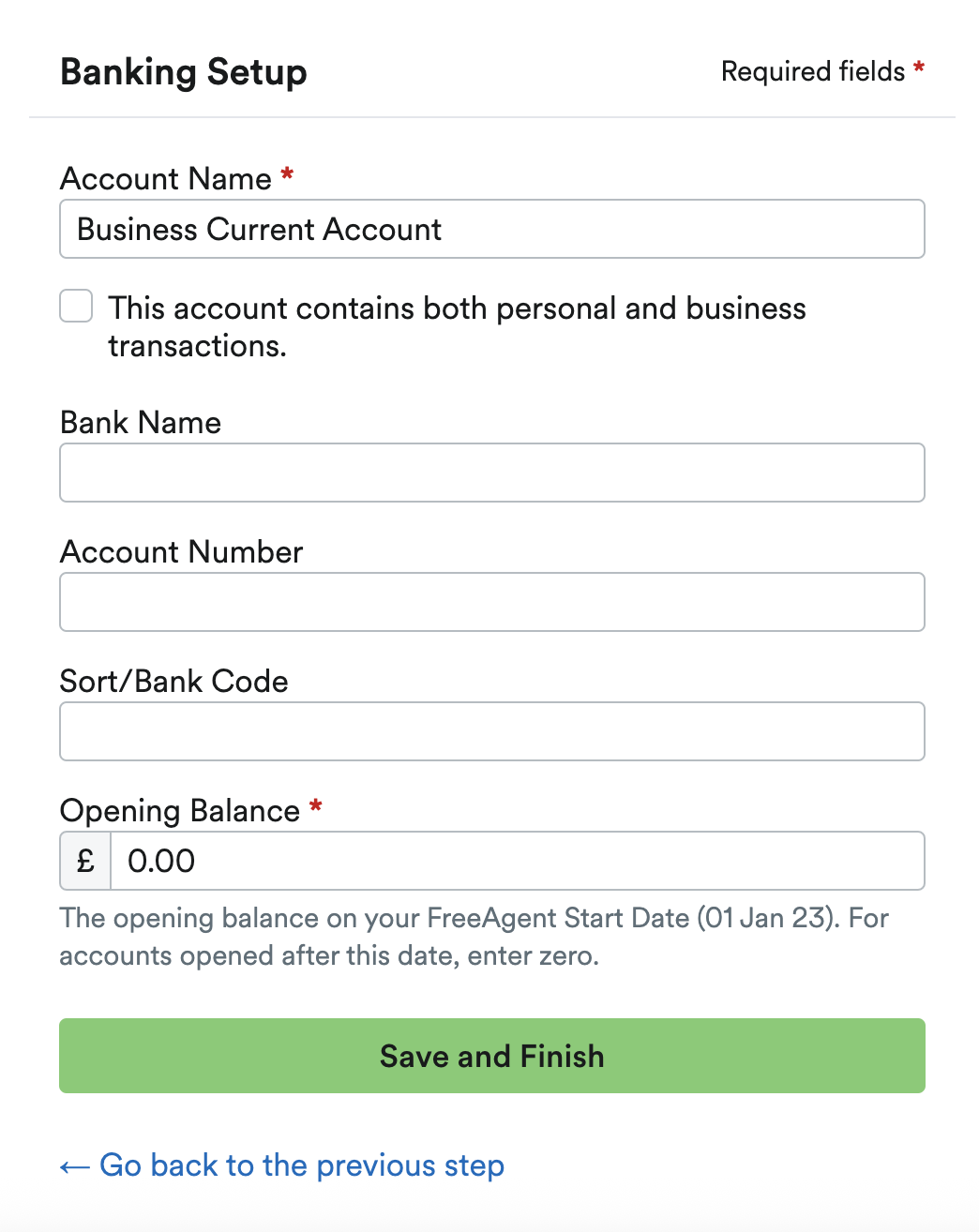 'Banking Setup' stage of setup.