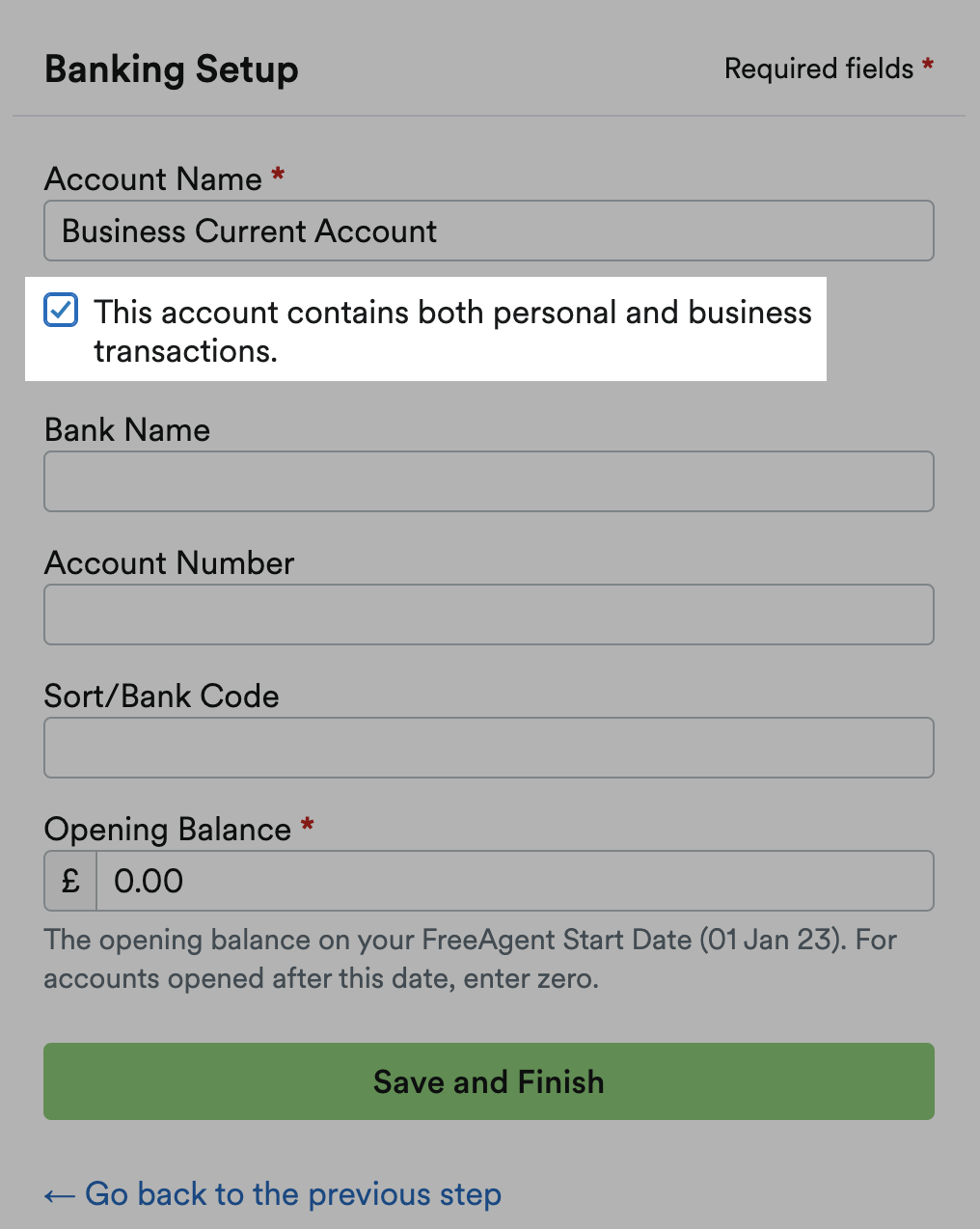 Checkbox for 'This account contains both personal and business transactions' ticked and highlighted.