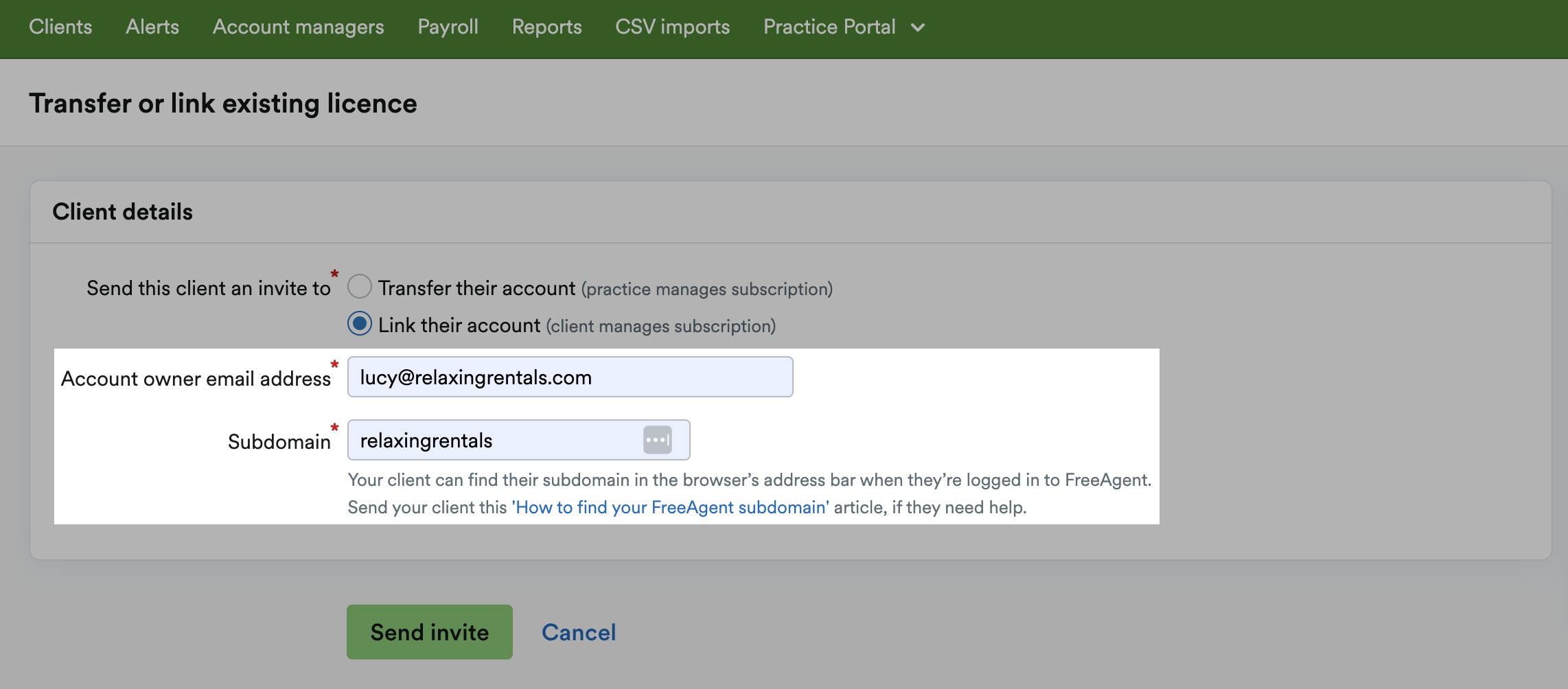 Fields to enter Account owner email address and Subdomain.