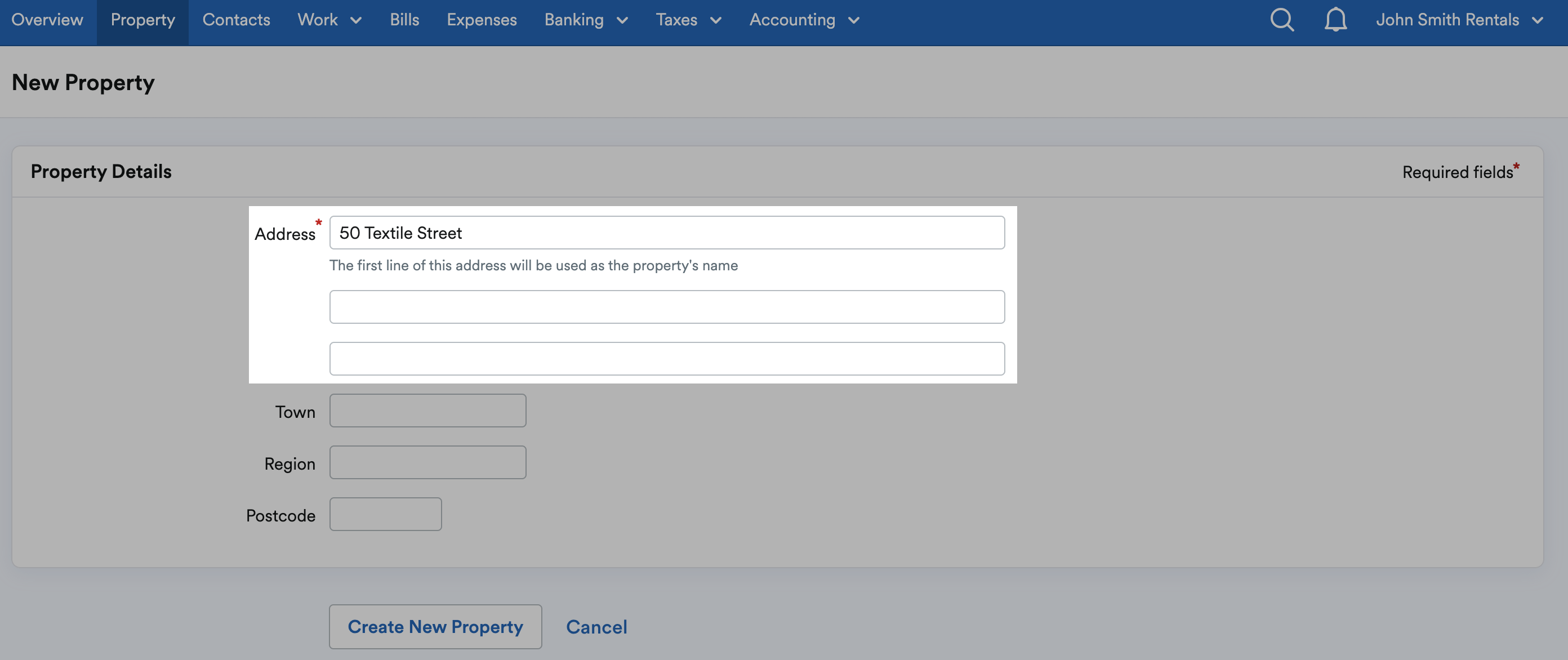 Property Details section with fields to enter Address highlighted.