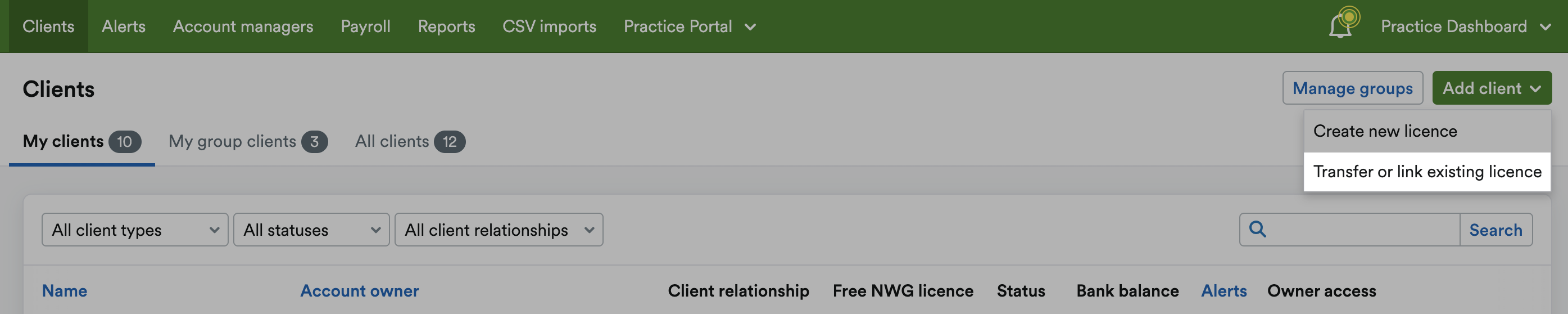 'Transfer or link existing licence' button highlighted on 'Add client' drop down menu.