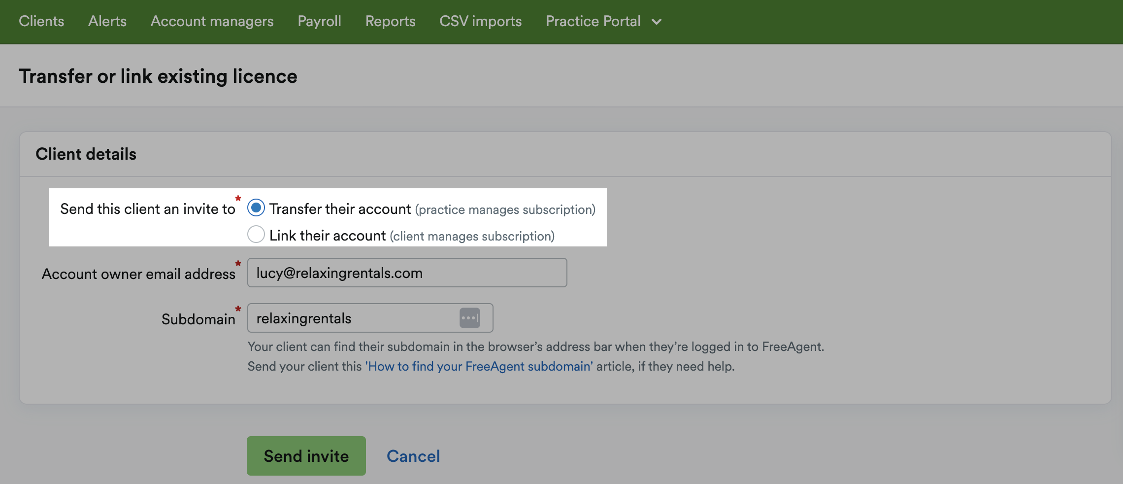 Checkbox to send client an invite to 'Transfer their account' ticked and highlighted.