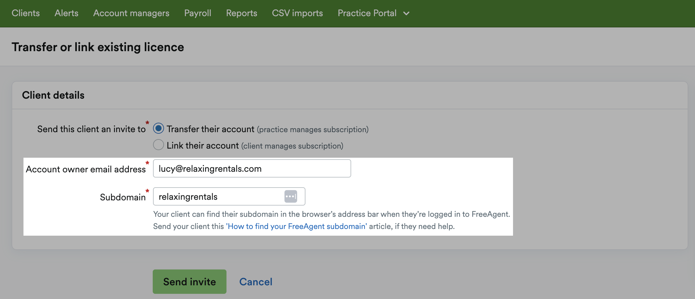 Fields to enter Account owner email address and Subdomain.