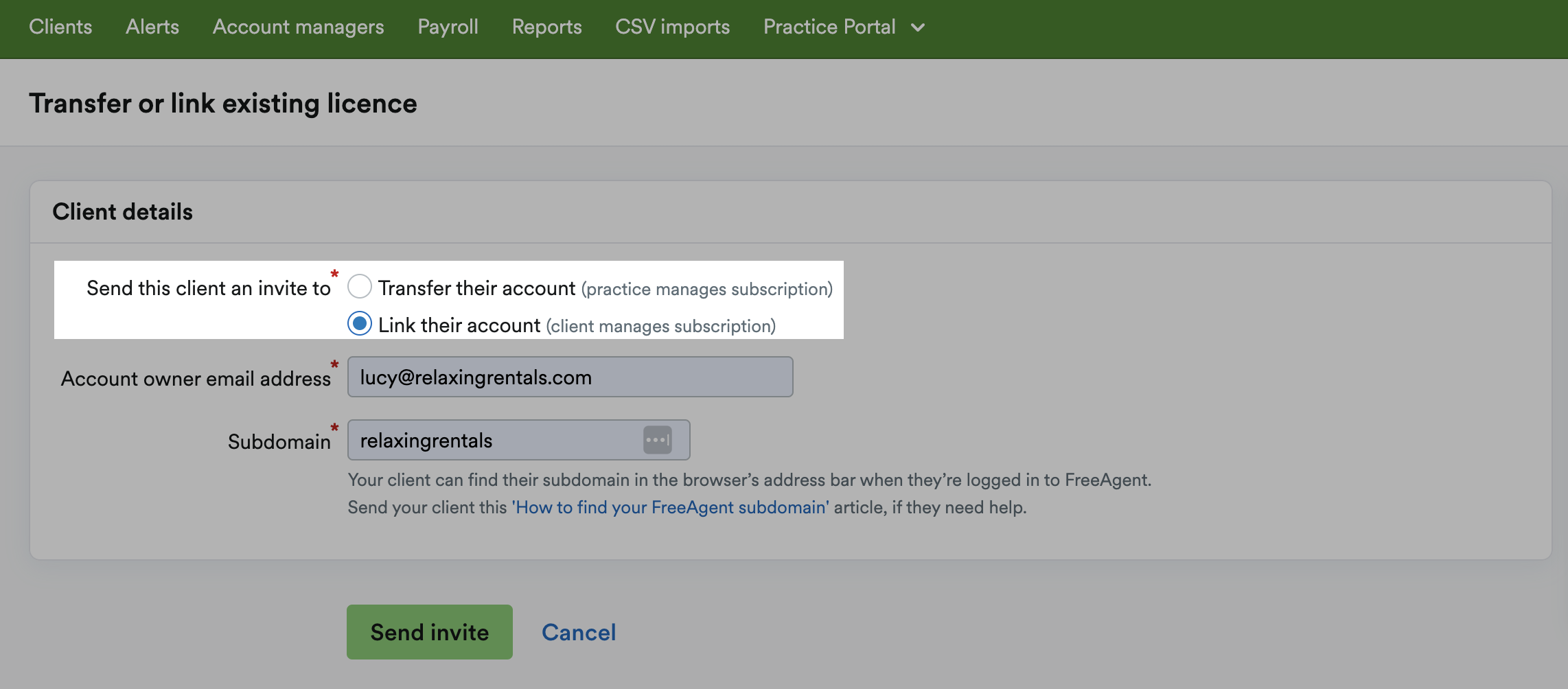 Checkbox to send client an invite to 'Link their account' ticked and highlighted.