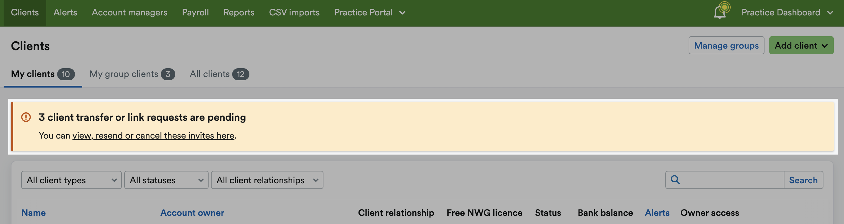 Banner saying how many client transfer or link requests are pending.