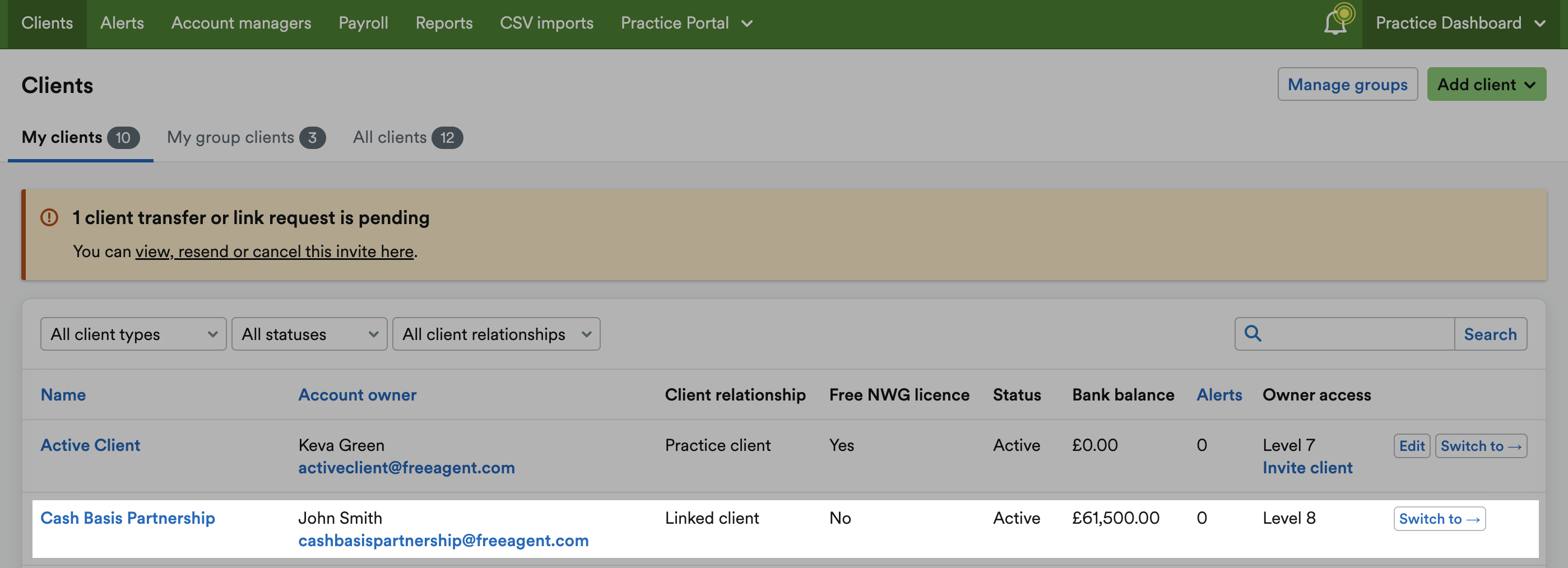 Client listed as a Linked client.