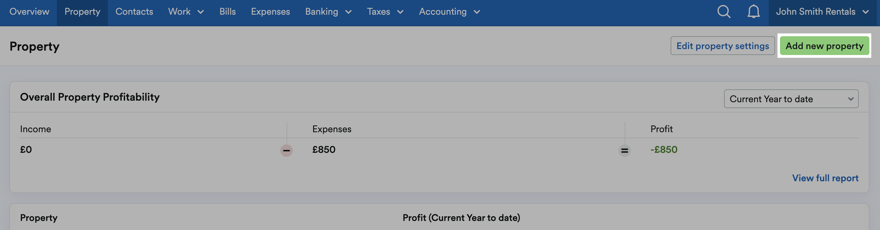 'Add new property' button highlighted on Property page.