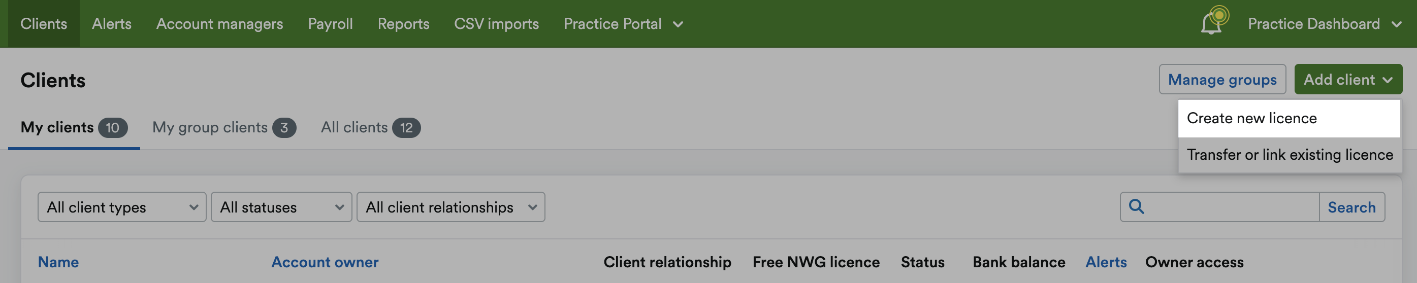 'Create new licence' button highlighted on Add client drop down menu.