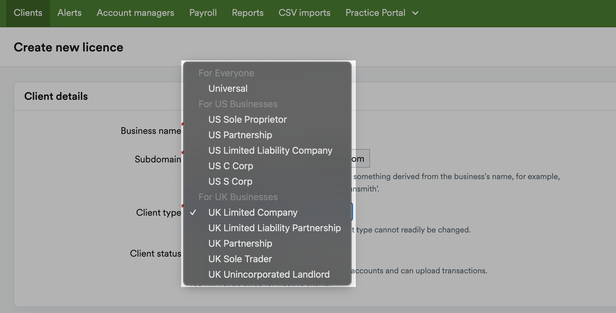 Client types listed in drop down menu.