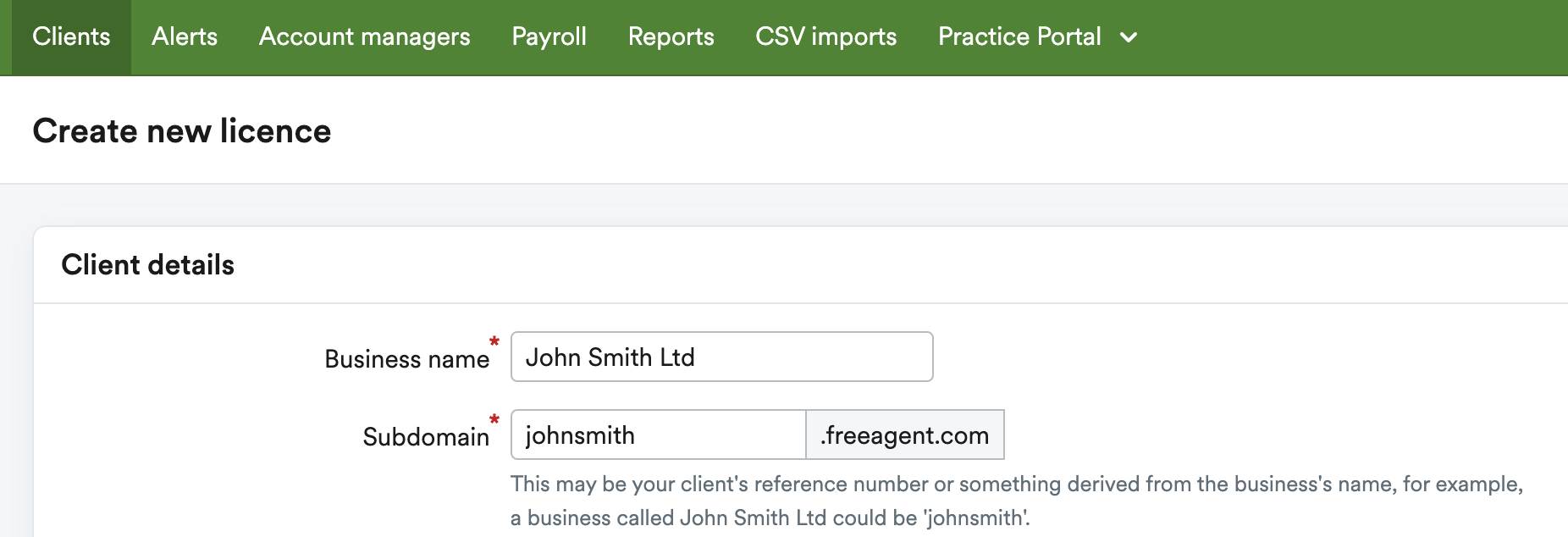 Client details section with fields to enter Business name and Subdomain.
