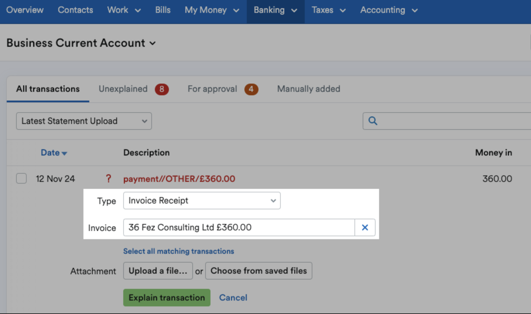 Transaction showing explained as Sales.