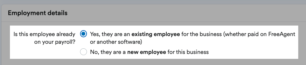 User being selected as an existing employee in the Employment details section