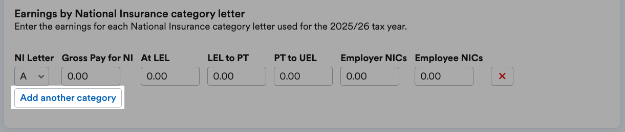 Add another category button highlighted in  Earnings by National Insurance category letter section