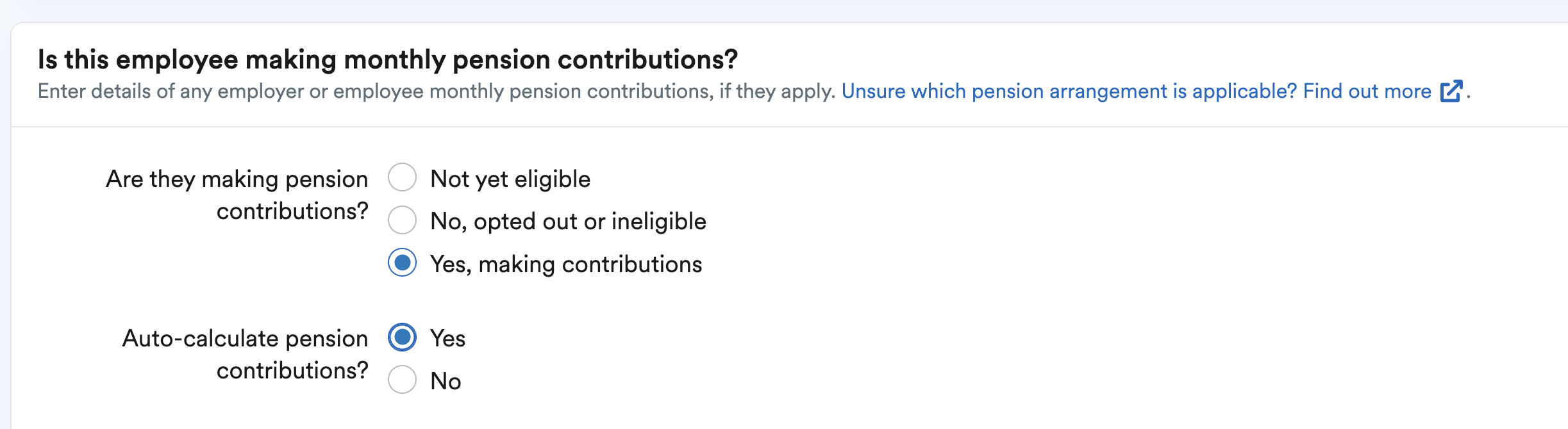 Options selected to show employee is making pension contributions to be auto calculated.