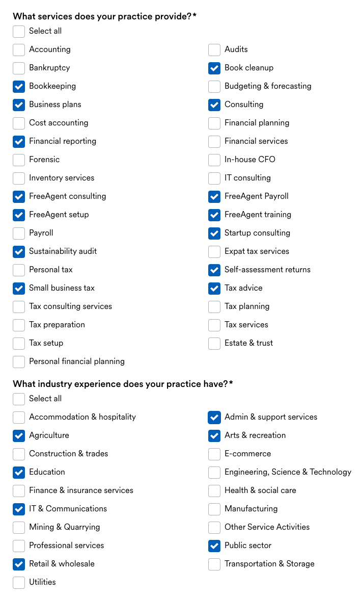 ‘What services does your practice provide?’ and ‘What industry experience does your practice have?’ questions with multiple options to select for each.