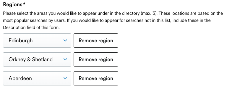 3 regions selected with options to remove each region.