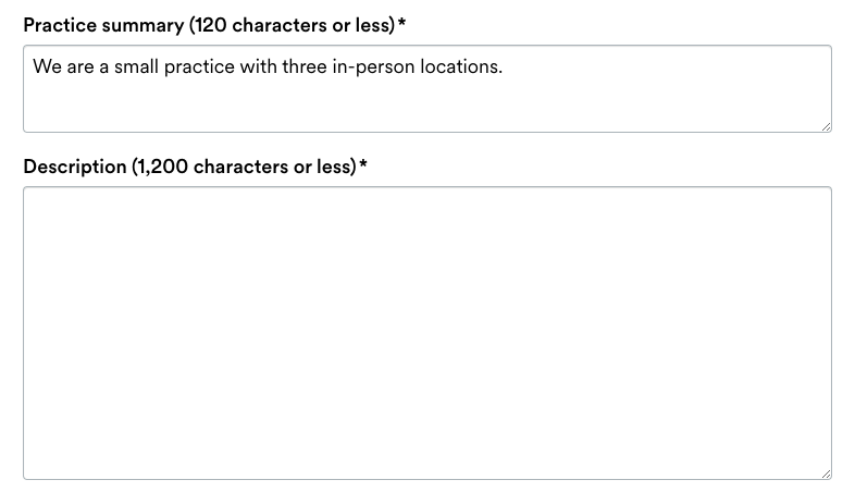 Fields to enter a ‘Practice summary’ and a ‘Description’.