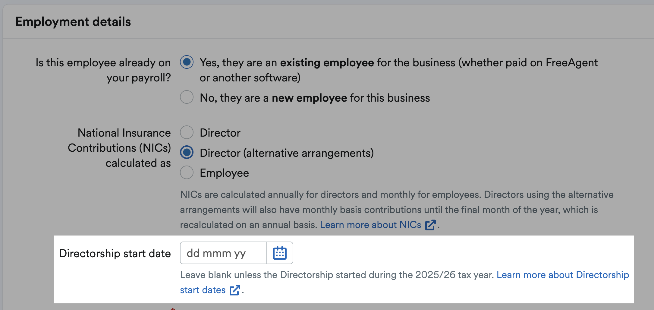 Directorship starting date highlighted in the Employment details section of payroll profile