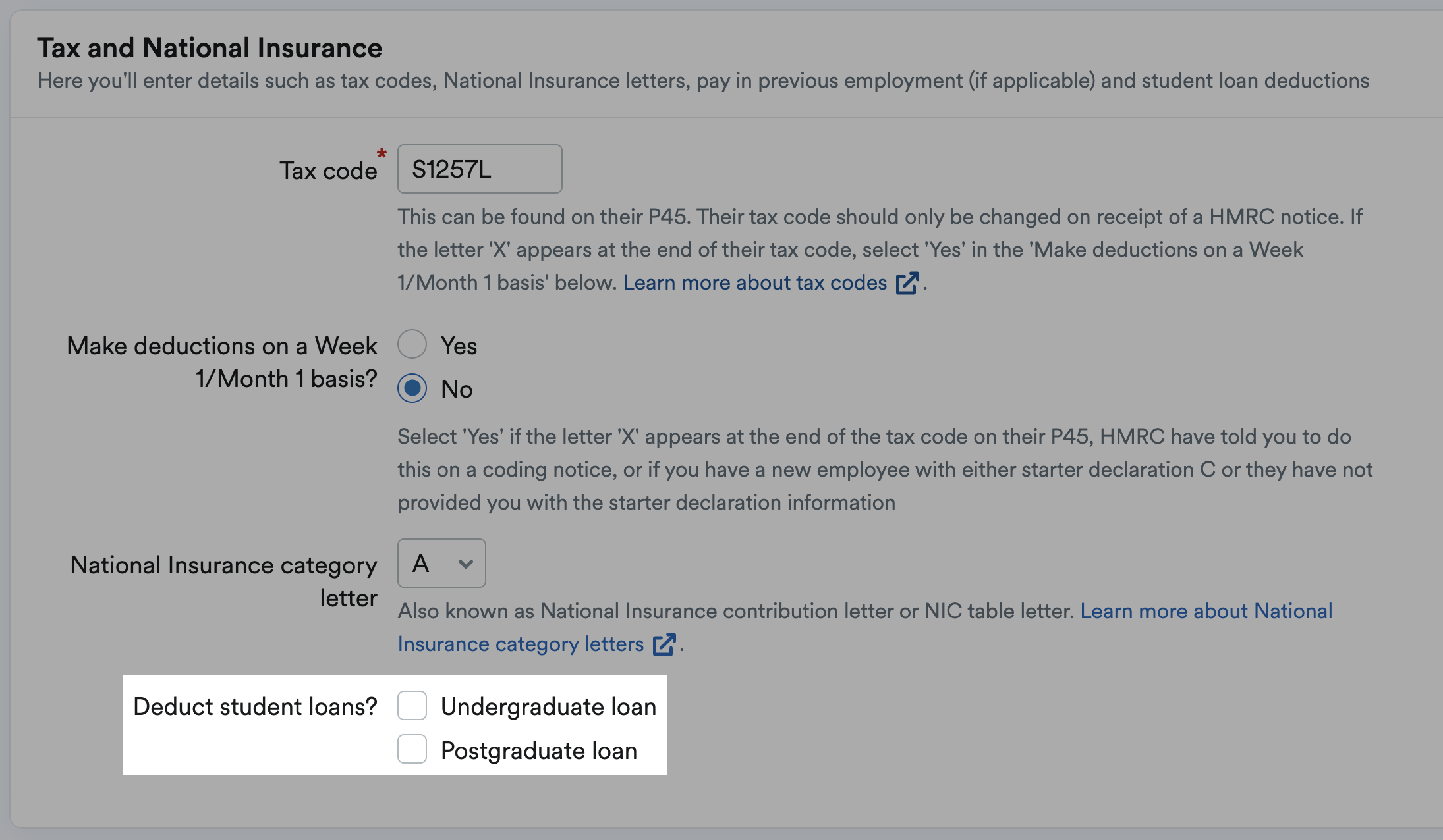 Options to select either Undergraduate or Postgraduate loan and options for deducting student loans.