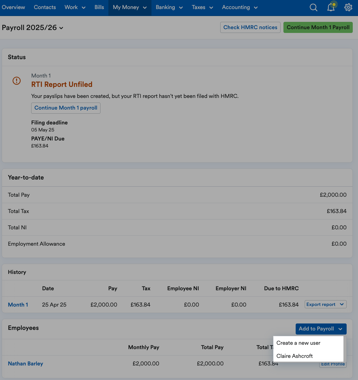 Employee names highlighted on drop down menu under 'Add to Payroll' button.
