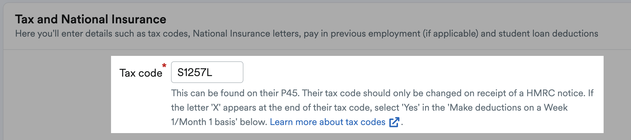 Tax code box highlighted with list of code types FreeAgent can handle.