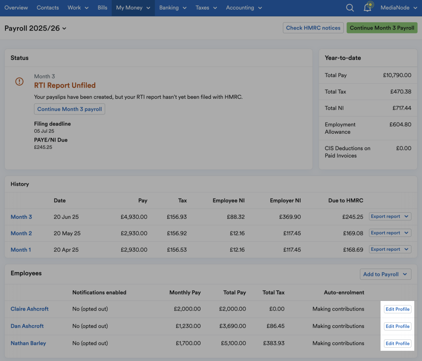 'Edit Profile' button highlighted next to employees' listings.